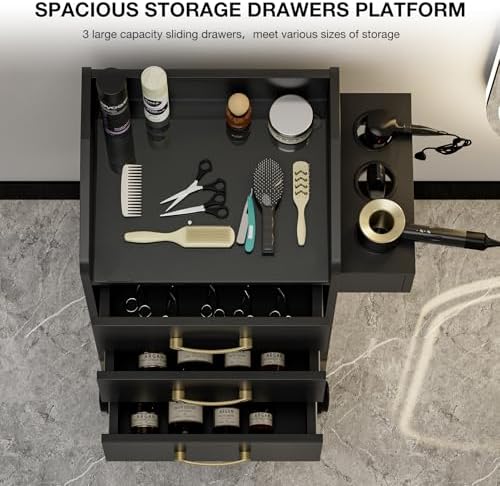 Beauty Salon Storage Trolley Cart, Mobile Hair Salon Station Hairdressing Tools Organizer Cabinet with 3 Drawers, Hair Dryer Holders and Lockable Rolling Wheels(Black Gold) - Image 5