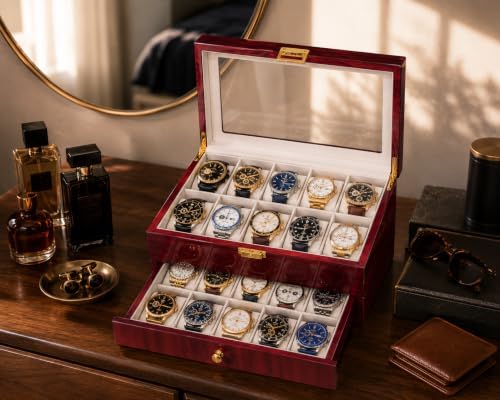 High End 20 Slot Rosewood Watch Box for Men, 2 Tier Watch Organizer with Glass Display Lid, Velvet Lined Watch Case Storage for Up to 45mm Watches, Luxury Watch Holder Gift for Collectors - Image 5