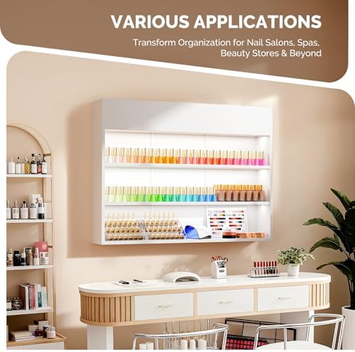 OmySalon Wall Mounted Display Rack, 47.6-Inch 3-Tier LED Nail Polish Organizer Shelf with USB Touch Control, for Nail Salon, Spa, Beauty Studio Storage, Wooden Retail Display (White) - Image 5