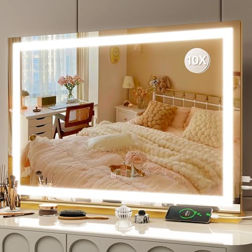 FENNIO Vanity Mirror with Lights 32"x22", Lighted Makeup Mirror, Large Vanity Mirror, Touch Sensor with 3-Color Lighting, 10X Magnification and USB Charging Port for Vanity Desk（Square Gold） by FENNIOLEDMIRRORS