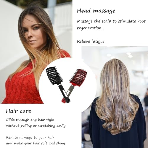 2pack Boar Bristle Hair Brush No Pull Curved Vented Hair Brushes Detangler Brush Fast Blow Drying Hair Brush for Kids Men Women Wet Dry Long Thin Thick Curly Tangled Hair (red+black) - Image 4