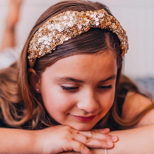 FROG SAC Sequin Knot Headband for Girls - Gold Knotted Head Bands for Kids, Sparkly Little Girl Headbands, Cute Tween Beaded Hair Band Accessories, Easter Basket Fillers Stocking Stuffers - Image 3