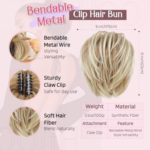 HOOJIH Messy Bun Hair Piece, Claw Clip in Straight Hair Bun 9 Inch Short Ponytail Extension with Bendable Metal Wire Hair Pieces for Women Fake Hair Bun - Deep Blonde with Light Blonde Tails - Image 2