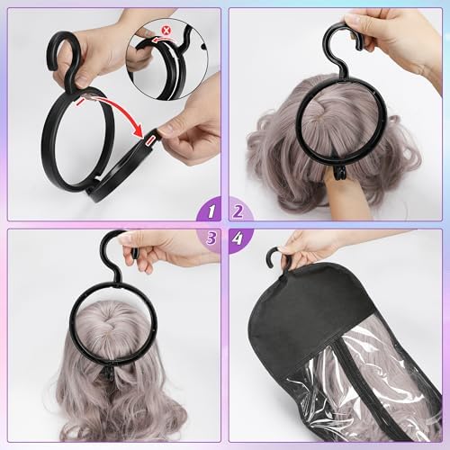 KOLLIEE 2 Pcs Wig Bags Storage with Wig Hanger Dust-proof for Multiple Wigs Hanging Storage Bags Organizer Foldable Easy Carry Suitable for Home Travel Hair Salon Black - Image 4