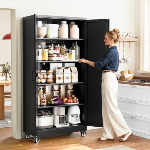 Yizosh 75"Black Metal Kitchen Pantry Cabinets,Mobile Garage Storage Cabinet - Image 2