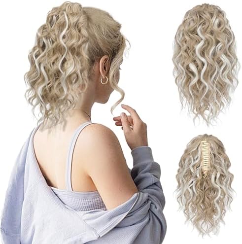 FLUFYMOOZ Ponytail Extension, 12" Short Claw Ponytail Extension Wavy Curly Jaw Clip in Pony tails Hair Extension Natural Synthetic Hairpiece for Women (Light Blonde with White Blonde Highlight) by Flufymooz