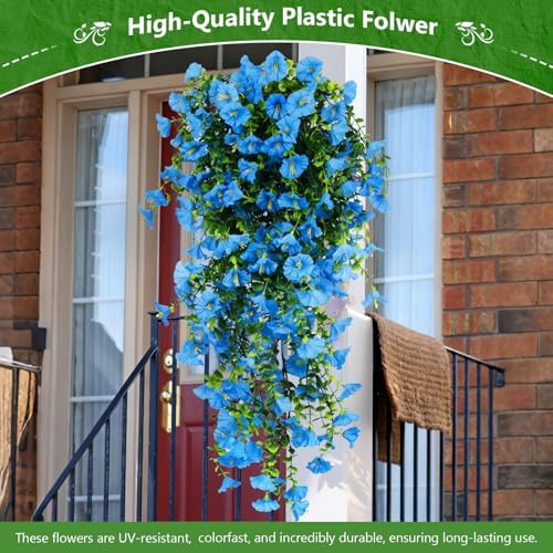 4-Pack Fake Hanging Plants, Faux Hanging Plant Artificial Greenery for Living Room Bedroom Boho Wall Shelf Indoor Outdoor Decor (Blue Morning Glory) - Image 2
