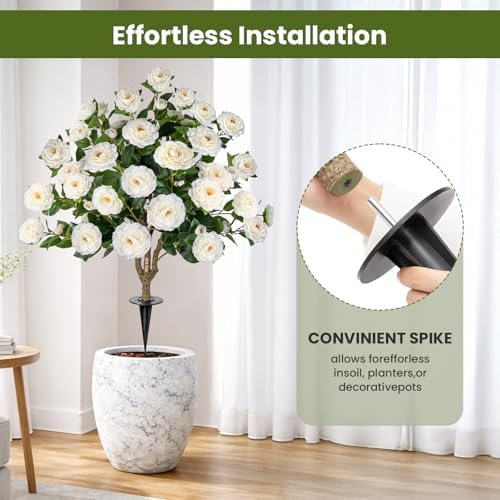 2 Pack 3FT Artificial Camellia Tree with Ground Spike, Full Bloom Fake Camellia Plant Outdoor, Dense Flower Artificial Trees for Front Porch Decor, Patio Garden Yard Decorations, White - Image 2