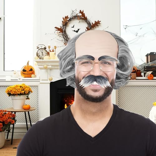 Old Man Bald Cap,Short Grey Bald Cap with Side Hair,Grandpa Wig with Glasses Mustache Eyebrows for Mens Halloween Cosplay Costume - Image 6