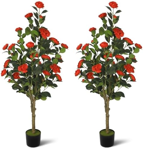 2-Pack 4FT Artificial Camellia Tree,Realistic Fake Potted Plants with Flowers&Planters,Indoor/Outdoor Faux Flowering Trees for Home,Office,Porch,Wedding,and Housewarming Gift Decor,Red by Unknown