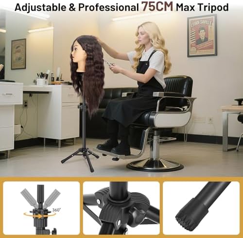TwoWin 26"-30'' Mannequin Head Human Hair, 90% Human Hair with Tripod Stand, Face Gem Hairdressing Training Doll Head with Tripod & Clamp, Styling Practice Manikin for Cutting, Braiding, Makeup, Cosmetology Students - Image 6