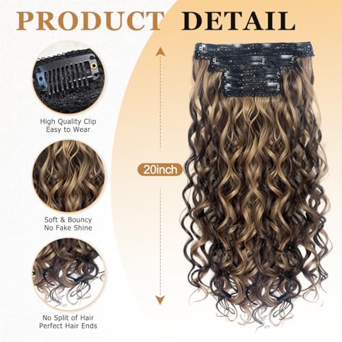 Vigorous Curly Clip In Hair Extensions,4PCS 20 inch Thick Curly Hair Extensions Lace Weft Clip Ins Invisible Natural Synthetic Hairpieces for Women,Chocolate Brown with Highlights（6H12） - Image 3