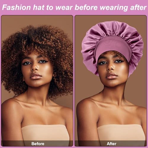 FIRSTPELLA 4PCS Silk Satin Bonnets for Black Women & Men - Elastic Wide Band Hair Wrap Cap for Curly Hair - Shower Cap for Sleeping (Black & Bean Paste Pink & Purple & Brown) - Image 4