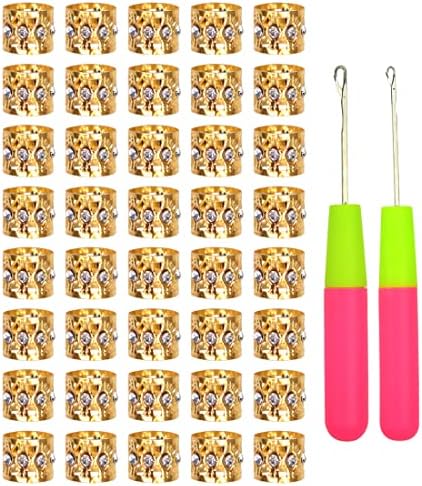 Hair Braiding Tools Set, 2 Pcs Latch Hook Crochet Needles with 40 Pcs Metal Hair Braiding Decoration Rings for Hair Extensions, Braids and Dreadlocks Styling (Golden) by YTBYT