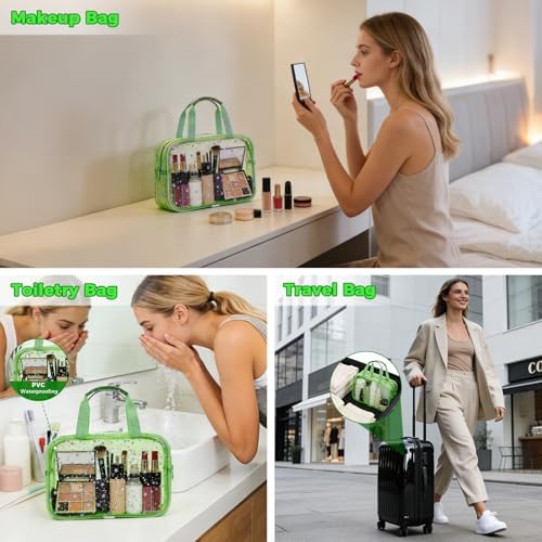 Large Clear Makeup Bag 12x5x8 Green Star Pattern - Waterproof PVC Travel Cosmetic Organizer with Handle, Durable Transparent Toiletry Case for Women Girls Travel Gym Beach Storage - Image 5