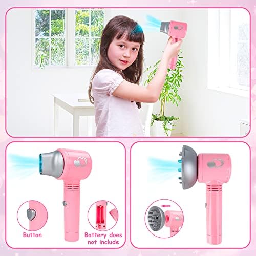deAO Hair Salon Toys for Girls Beauty Salon Set Kids Pretend Hair Styling Set with Hairdryer, Mirror, Curling Iron and Stylist Accessories for Toddler Makeup Party Christmas (Fake Makeup) - Image 4