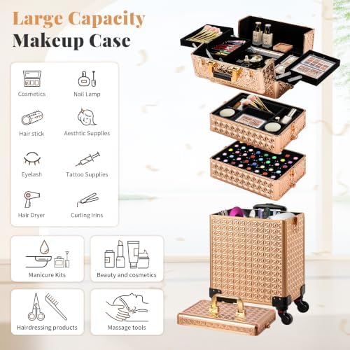 AROUS 5 in 1 Rolling Makeup Train Case with Lid Cosmetology Case on Wheels - Image 5