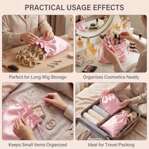 UPSTORE 5Pcs Satin Wig Storage Bags, Drawstring Silk Pouches for Hair - Image 5