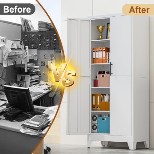 71" White Metal Storage Cabinet with 2 Doors and 4 Adjustable Shelves,Steel Garage Tool Cabinet, File Cabinet,Kitchen Pantry Cabinet for Home,Office,Garage,School,Warehouse - Image 7