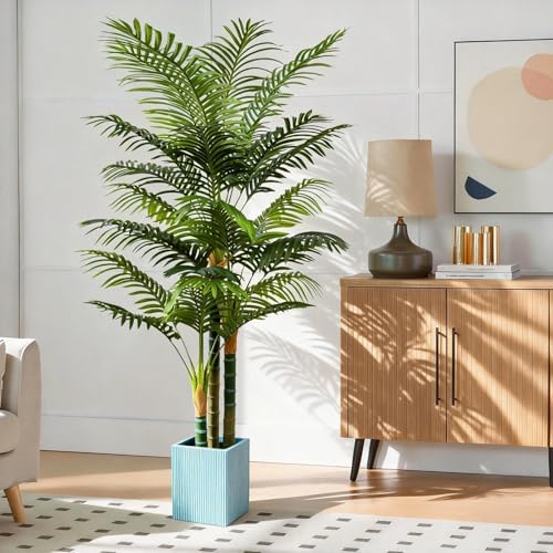7FT Tall Golden Cane Artificial Palm Tree, Large Faux Palm Tree with 3 Textured Trunks, Outdoor Artificial Plants, Fake Tree for Indoor Office Living Room Outside Patio. - Image 2