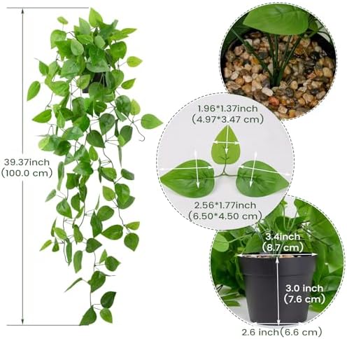 LOYWREE Small Fake Hanging Plant Artificial Potted Plants for Indoor Outdoor Aesthetic - 39in Realistic Faux Hanging Pothos with Ivy Vine for Shelf Decor in Home Office Gardens Greenery (Black Pot) - Image 2