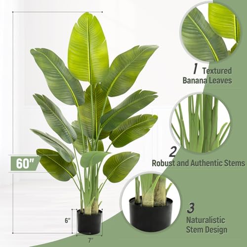 Lifelike Bird of Paradise Artificial Plant,5ft Faux Banana Leaf Tree with 12 Trunks - Perfect Indoor Silk Floor Plant for Home Decor in Living Room, Office, and Bedroom 1Pack - Image 5