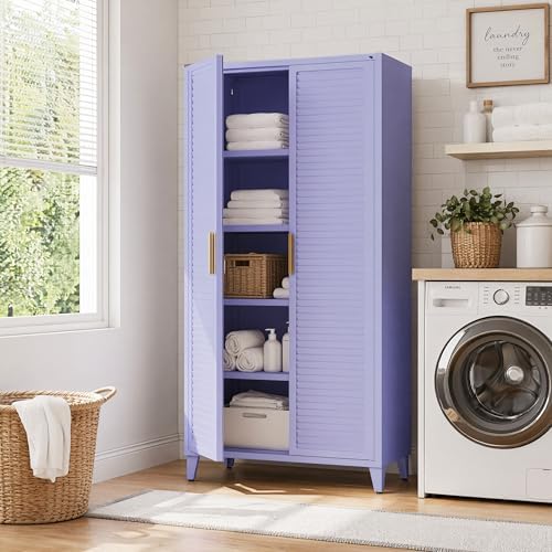 61" Tall Metal Pantry Cabinet with Lock and 3 Adjustable Shelves,Freestanding Heavy Duty steel Storage Locker,Purple Metal Cabinets for Kitchen,Living Room,Laundry,Garage,61" H X 27.6" W X 13.8" D - Image 7