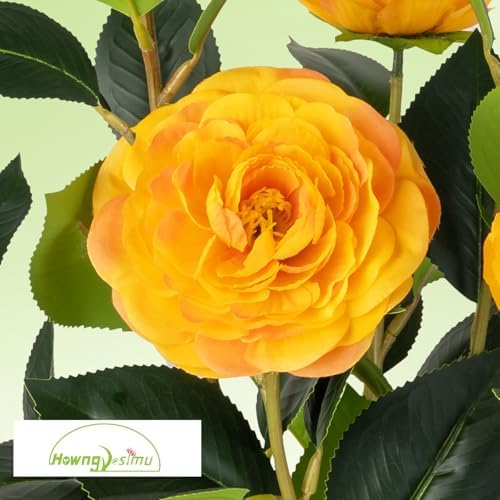2 Pack Artificial Camellia Tree with White Pot, 24" Faux Potted Plants for Indoor Outdoor Decor, Tall Silk Greenery Plant for Home Office Living Room Balcony, Orange - Image 2