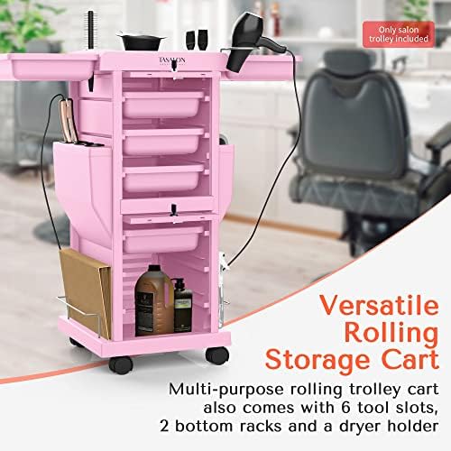 TASALON Lockable 6-Tray Salon Rolling Cart with 2 Holders, Pink - Image 3