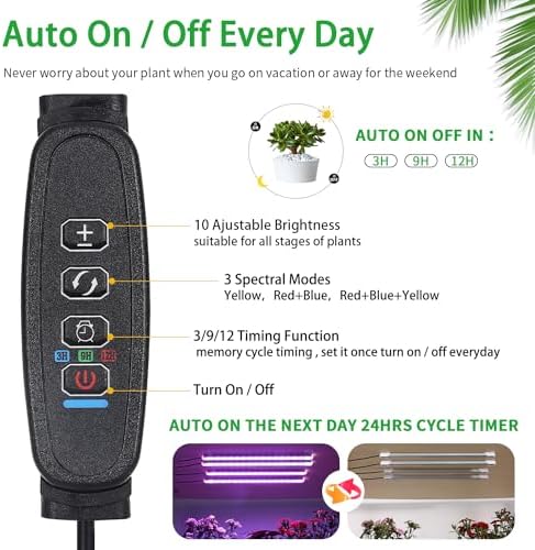 RWNTAO Four Strip Growing Lamp for Indoor Plants, Red & Blue & Yellow Full Spectrum LED Grow Light Strips with Auto ON/Off 3/9/12H Timer,10 Dimmable Levels for Green House Succulent (13 in) - Image 2