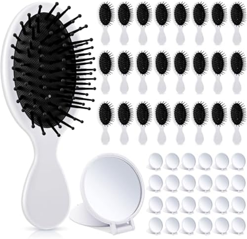 Meanplan 48 Pcs Mini Hair Brush Set 24 Travel Wet Dry Hair Combs Pocket Detangling 24 Compact Folding Makeup Mirrors for Spa Sleepover Birthday Bridal Shower Bachelorette Christmas Party Gift(White) by Meanplan