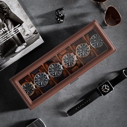 Lolalet Watch Case for Men, 6 Slot Watch Display Case with Clear Glass Lid, 2-Layer Mens Watch Box Watch Holder, 6 Watch Box Organizer, Watch Storage Case With Drawer -Espresso - Image 5