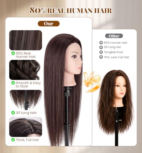 30-Inch 80% Human Hair Mannequin Head with Tripod Stand for Hair Styling - Image 3