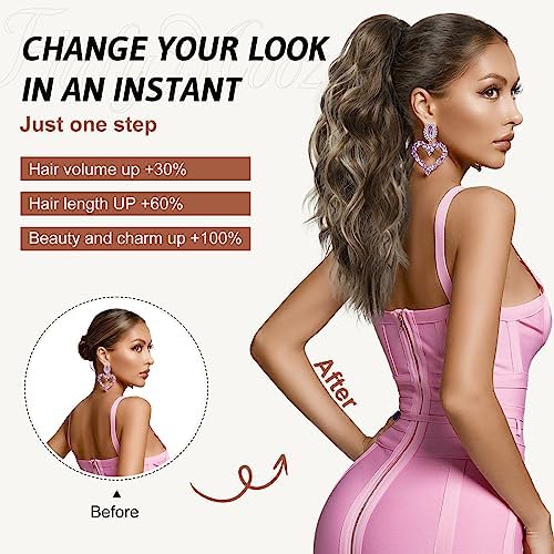FLUFYMOOZ Ponytail Extension, 18 Inch Claw Clip Ponytail Extension, Wavy Curly Claw Clip in Ponytail Hair Extensions, Natural Fake Ponytail Synthetic Hairpiece for Women (Cool Brown with Blonde Highlights) - Image 5