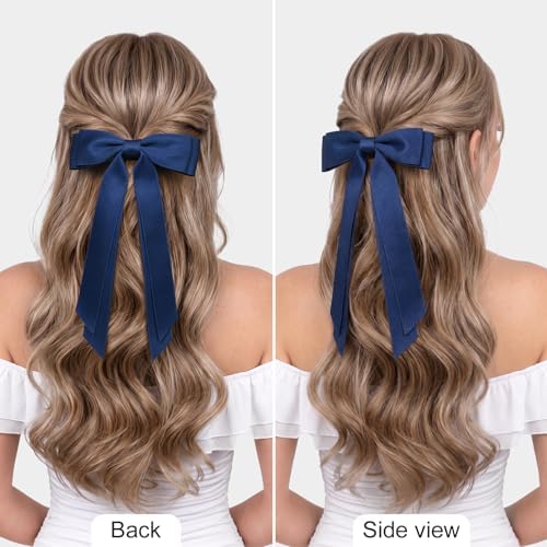 6PCS Navy Blue Hair Bows, Large Ribbon Bow Hair Clips for Girls Women Cute Ponytail Holder Accessories for Toddlers Kids Teens - Image 3