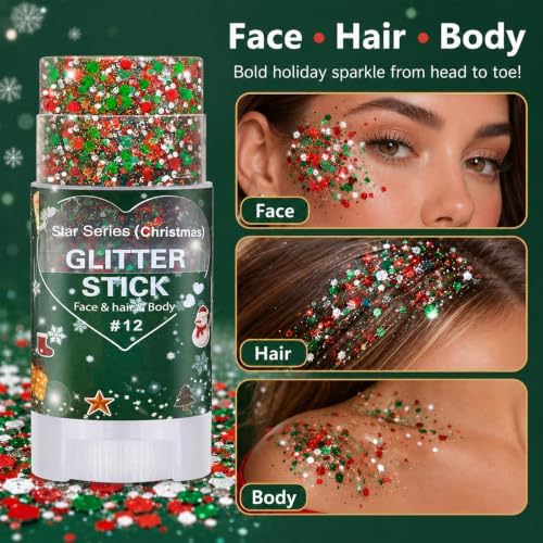 Christmas Hair Glitter Stick,Red and Green Silver Face Body Glitter Makeup,Waterproof Christmas Outfits for Women, Stocking Stuffers Sparkling Party Gift for Girls,Chunky Glitter Makeup - Image 2