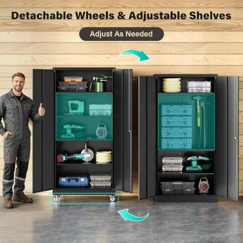 SISESOL 75" Tall Metal Storage Cabinet with Wheels and Shelves (Black) - Image 6