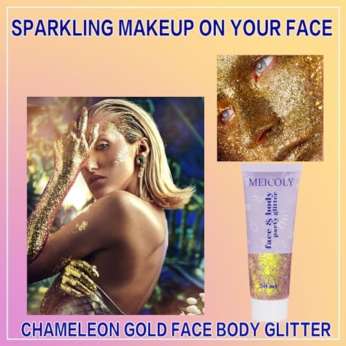 MEICOLY Chameleon Gold Hair Glitter,Halloween Mardi Gras Outfit for Women,Color Changing Game Day Spirit Day Wear Face Glitter,Self-Adhesive Chunky Holographic Body Glitter for Concert Clubbing - Image 3