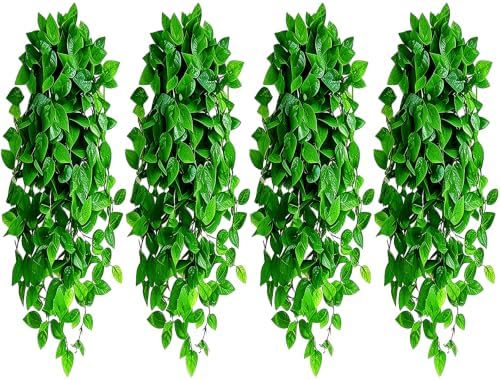 Artificial Hanging Plants, 4pcs Fake Pothos Vine Greenery for Wall Decor - Indoor Outdoor Home Living Room Hanging Decor, No Basket Included by PLACHIDAY