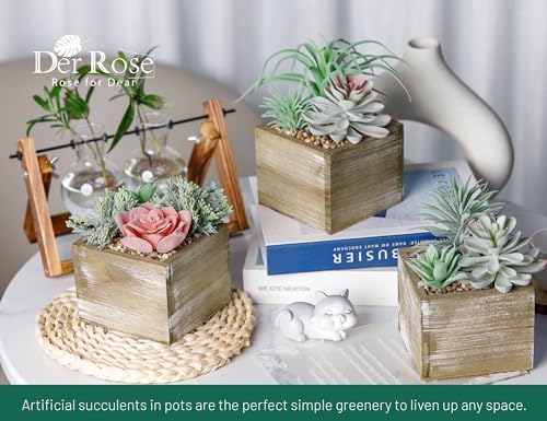 Der Rose 3 Pack Fake Succulents Plants in Wood Pots for Farmhouse Decor - Image 2