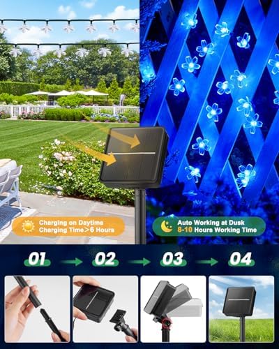 Brightown 2 Pack Total 52FT 120 LED Solar Flower String Lights for Outside Waterproof Fairy Lights for Garden Yard Fence Patio Christmas Tree Wedding Party Decor, Blue - Image 5