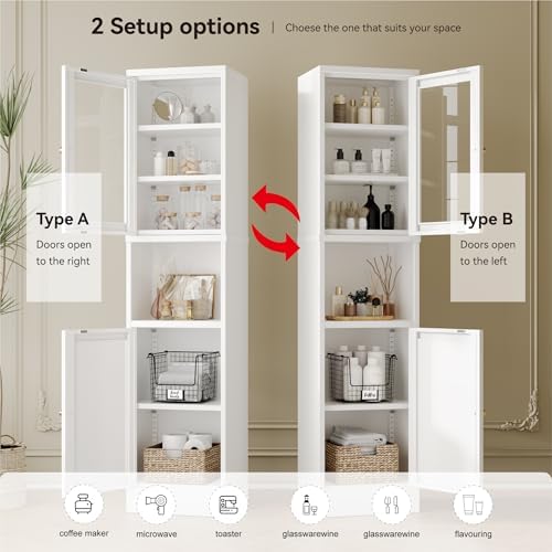 YAUWOH Metal Storage Cabinet with Glass Door, Tall Slim Pantry Organizer with 3 Adjustable Shelves (120LBS/Shelf), Anti-Tipping Waterproof Cabinet for Kitchen/Home Office/Small Spaces,(1PC,White) - Image 4