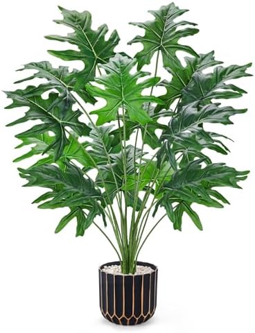 Der Rose 28" Artificial Plants Indoor, Philodendron Plant in Black Gold Pot by DerRose