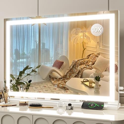 FENNIO Vanity Mirror with Lights 32"x22", Lighted Makeup Mirror, Large Vanity Mirror, Touch Sensor with 3-Color Lighting, USB Charging Port for Vanity Desk（Square White） by FENNIOLEDMIRRORS