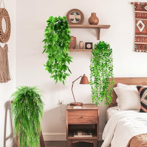 Daifunli 4 Pcs Artificial Hanging Plants Fake Hanging Ferns Plastic Fake Plant for Wall Room Garden Garland Indoor Outdoor Decor No Basket (Boston,Eucalyptus,Ivy Vine,String of Pearls) - Image 6