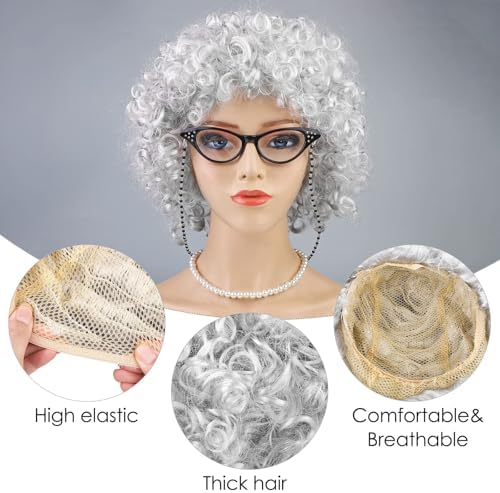 AOTHSO 6 Pieces Old Lady Wig Costume Set Grandma Wig with Cap Cane Pearl Necklace Bracelet for 100 Days of School Halloween - Image 3