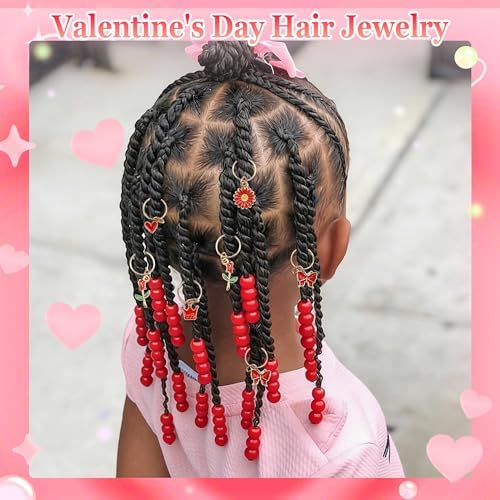 NAISKA 50PCS Red Hair Jewelry for Braids Cute Hair Beads Flower Heart Hair Charms for Girls 7 Styles Dreadlock Jewelry Loc Beads Valentine's Day Hair Accessories for Kids Girls - Image 3