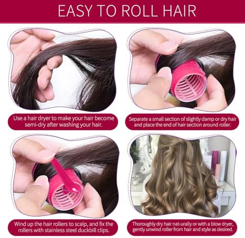 Hair Rollers, 12 Pack Self Grip Salon Hairdressing Curlers, DIY Curly Hairstyle, Large Rollers 1.57In Rose Red - Image 5