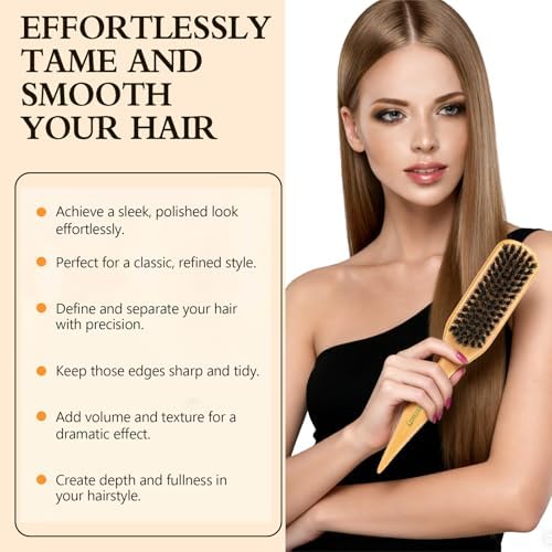 Boar Bristle Slick Back Hair Brush for Smooth Flyaways, Frizz, Sleek Ponytail, Buns and Edge Baby Hair, Teasing | Hair Comb, Edge Brush, Teasing Brush Rat Tail Comb for Girls, Kids, Women & Men - Image 3