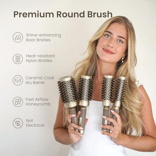 AIMIKE Round Hair Brush, Nano Thermal Ceramic & Ionic Tech, 2.1 Inch Barrel with Boar Bristles for Enhanced Texture, Golden, Hair Drying, Styling, Curling and Shine + 4 Free Clips - Image 4